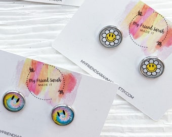 Retro Smiley Face Stud Earrings | Happy Face 12mm Studs | #1496