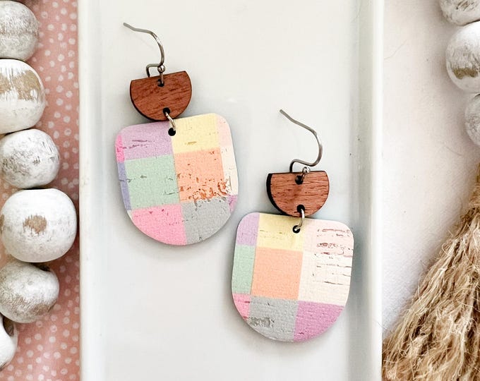 Pastel Checkered Geometric Cork Earrings
