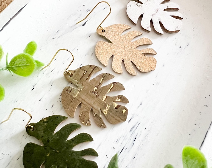 Monstera Leaf Earrings | You Choose Green, Olive, Gold, or White Cork | Cork on Leather Earrings | Tropical Leaf Earrings | #2685