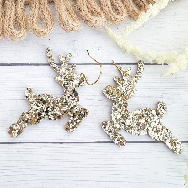 Gold Glitter Reindeer Earrings | Genuine Leather Earrings | Leather Deer Earrings | Christmas Earrings | #1490