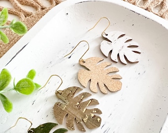 Monstera Leaf Earrings | You Choose Green, Olive, Gold, or White Cork | Cork on Leather Earrings | Tropical Leaf Earrings | #2685