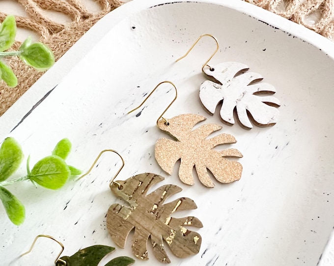 Monstera Leaf Earrings | You Choose Green, Olive, Gold, or White Cork | Cork on Leather Earrings | Tropical Leaf Earrings | #2685