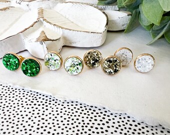 10mm Sparkle Collection in Green, Gold & White | Set of 4 Glitter Stud Earrings | Leather Earrings | Stud Earring Set | #2040