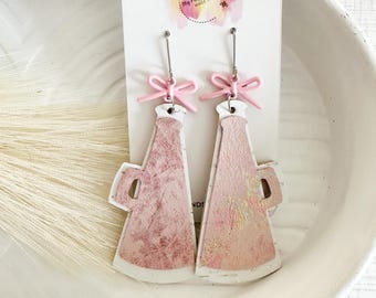 Pink & White Leather Megaphone Earrings with Pink Bows