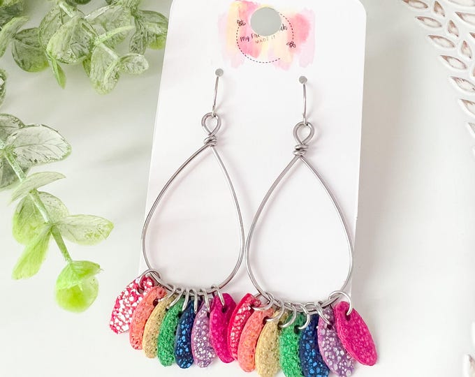 Sparkly Rainbow Leather Hoop Earrings