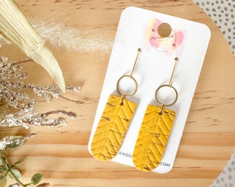 Mustard Chevron Embossed Cork Bar Earrings