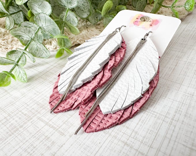 Pink & White Leather Feather Earrings