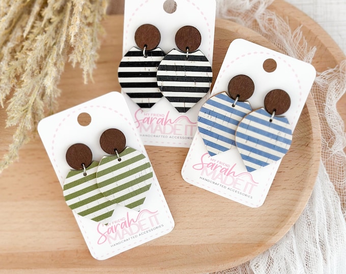 Striped Cork Petal Earrings with Wood Stud