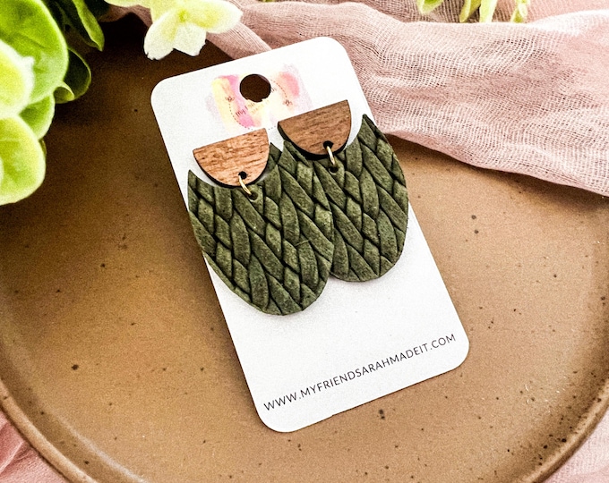 Olive Braided Leather & Wood Notched Oval Earrings
