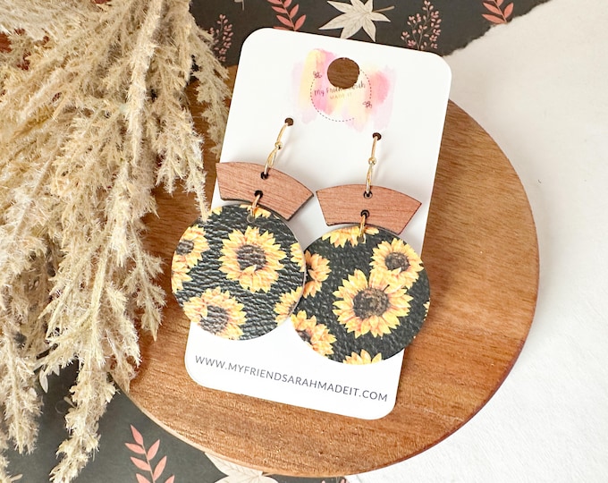 Sunflower Leather Earrings with Wood Accent