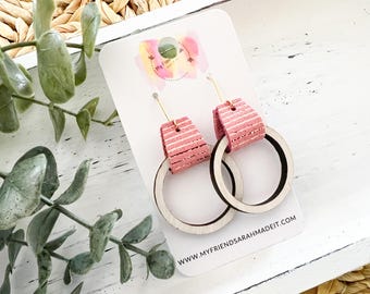 Pink Striped Leather-Wrapped Wooden Hoop Earrings