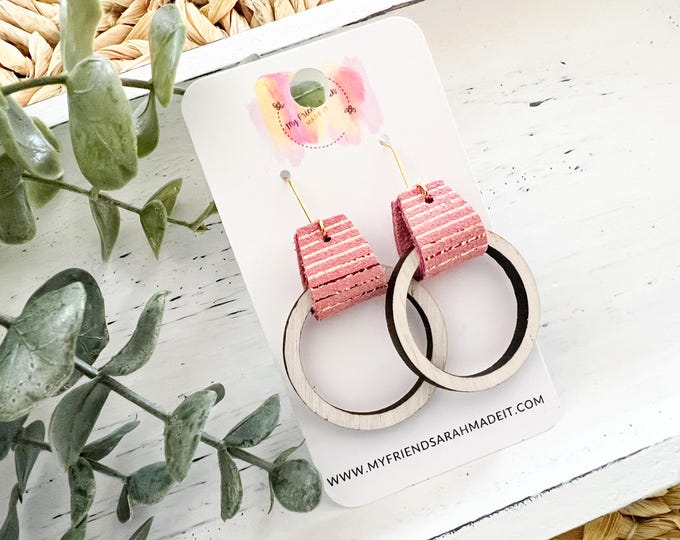 Pink Striped Leather-Wrapped Wooden Hoop Earrings