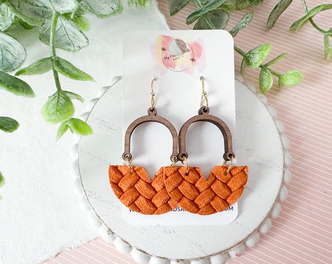 Orange Suede Woven Leather with Wood Arch | Boho Statement Dangles | #3044