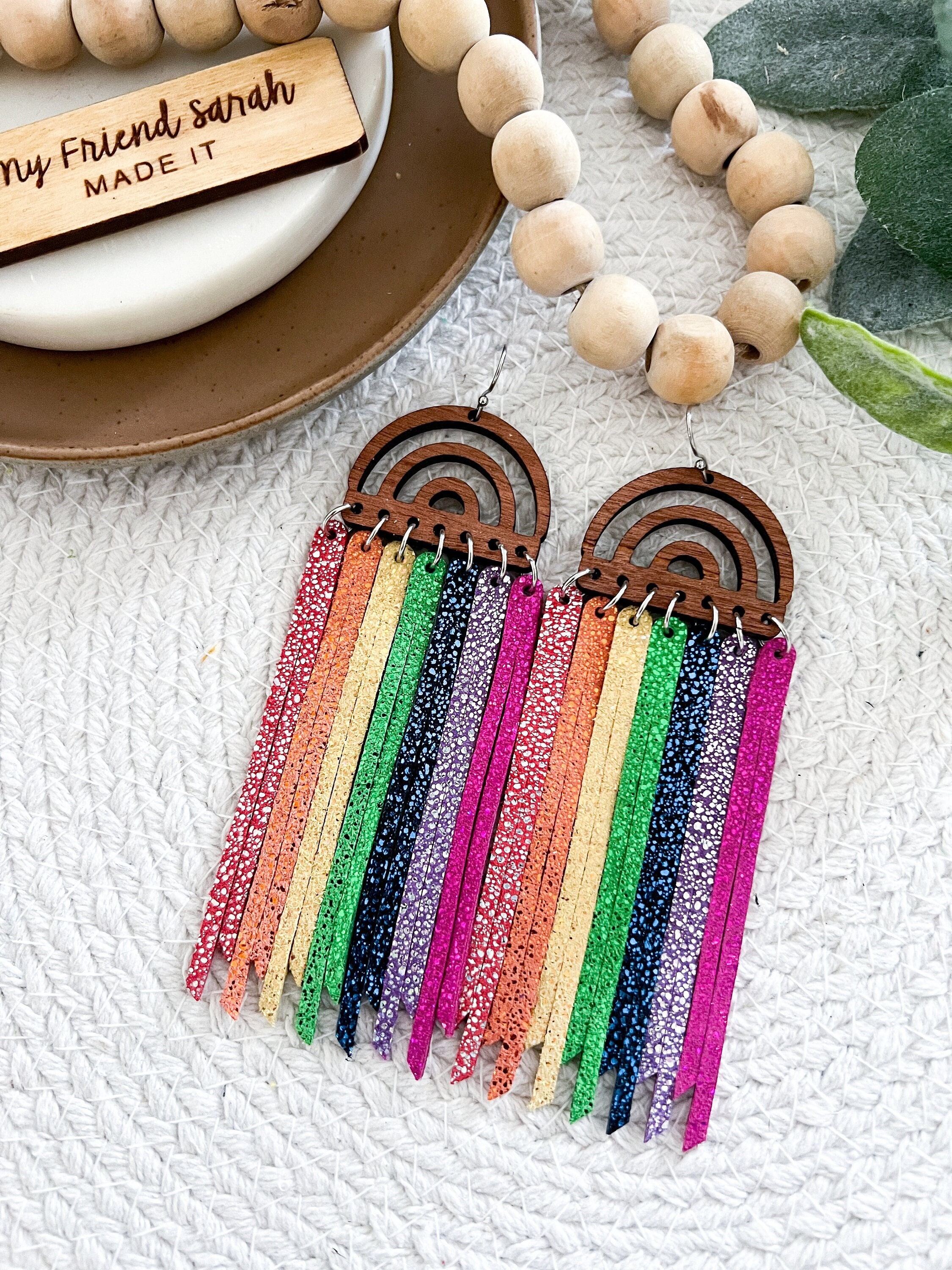 Vibrant Leather Wood Rainbow Fringe Earrings