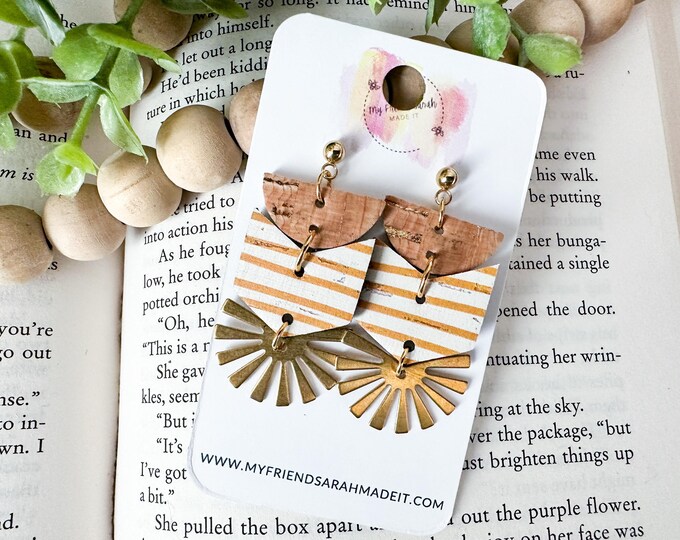 White & Mustard Striped Cork Chevron Earrings