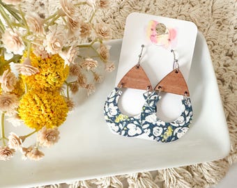 Navy and Mustard Floral Leather & Wood Dangles