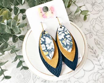 Navy Floral Layered Leather Leaf Earrings