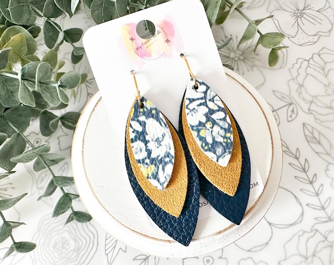 Navy Floral Layered Leather Leaf Earrings