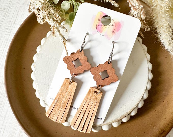 Neutral Camel Leather Tassel Earrings with Wood Accent
