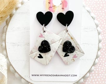 Love Letter Earrings with Black Glitter Hearts