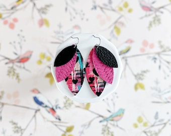 Black, Magenta, and Graffiti Valentine Petal Earrings