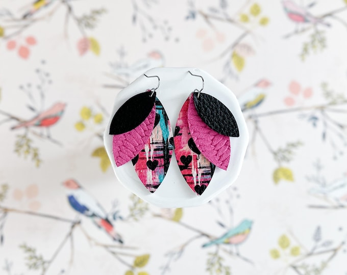 Black, Magenta, and Graffiti Valentine Petal Earrings