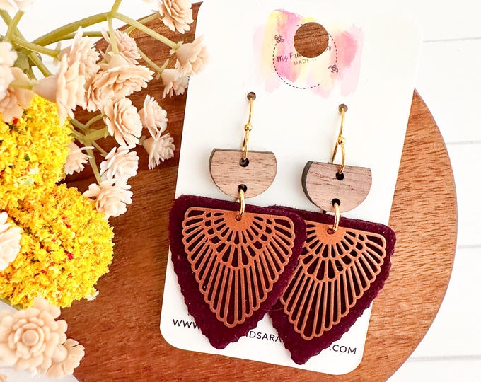 Burgundy Suede Scalloped Arrow Earrings