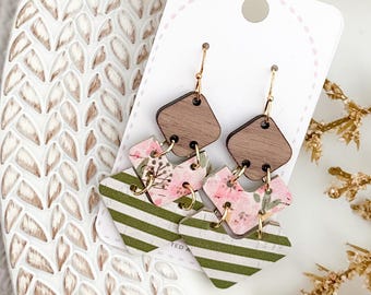 Pink Floral & Green Striped Chevron Earrings