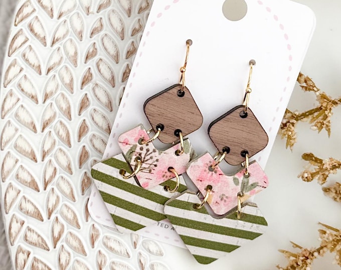 Pink Floral & Green Striped Chevron Earrings