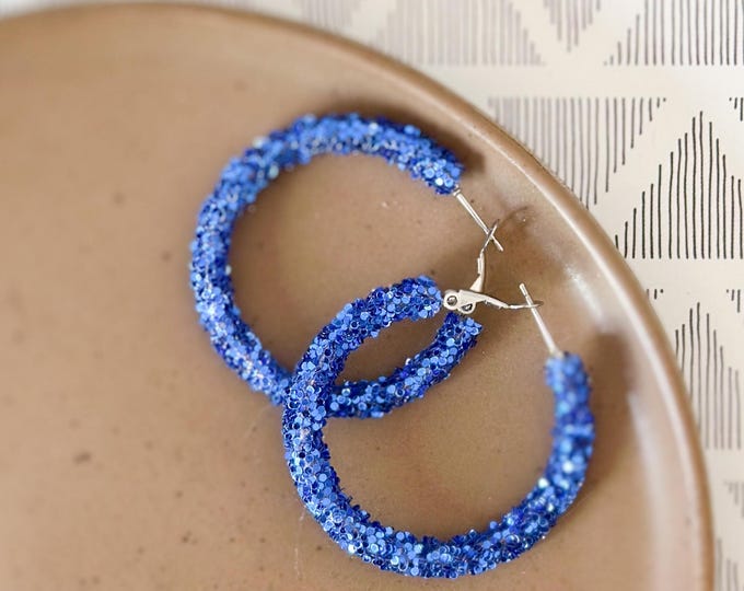 Blue Glitter Hoop Earrings