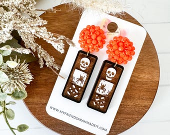 Skull + Spider Halloween Wooden Bar Earrings