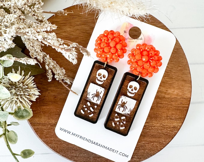 Skull + Spider Halloween Wooden Bar Earrings