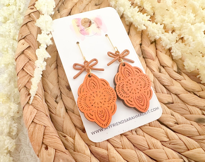 Pumpkin Orange Wood Earrings with Bow Charm