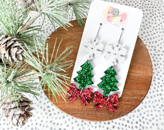 Snowflake, Tree, and Bow Glitter Stack Earrings