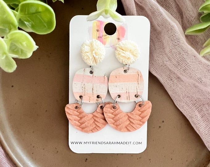 Blush & Lace Dangle Earrings | Cork, Leather + Fabric Mixed Material Statement Earrings | Pink Geometric Earrings | #2691