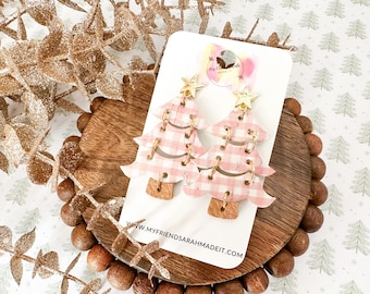 Pink Gingham Christmas Tree Earrings