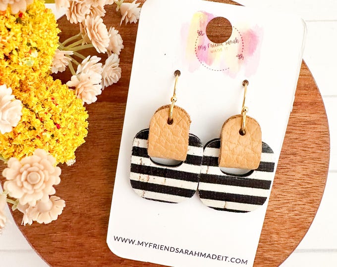 Black & White Striped Cork Leather Wrapped Hoop Earrings