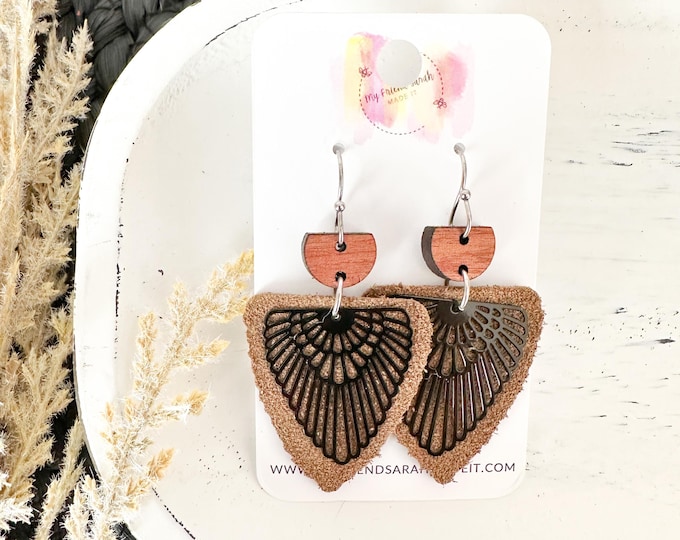 Black Filigree & Mocha Suede Scalloped Arrow Earrings