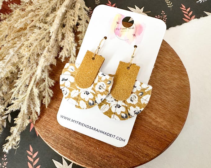 Mustard Suede and Floral Leather Earrings