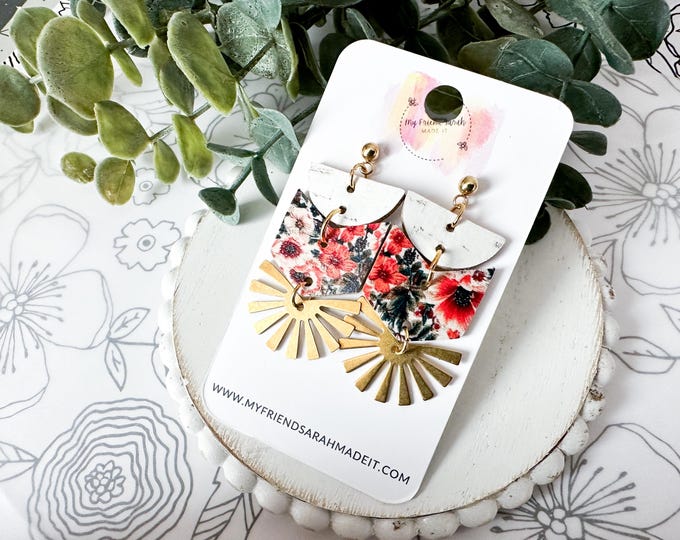 White & Floral Cork Chevron Earrings