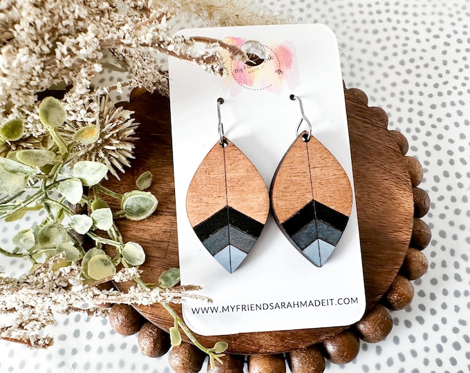 Black & Gray Ombre Chevron Petal Wooden Earrings