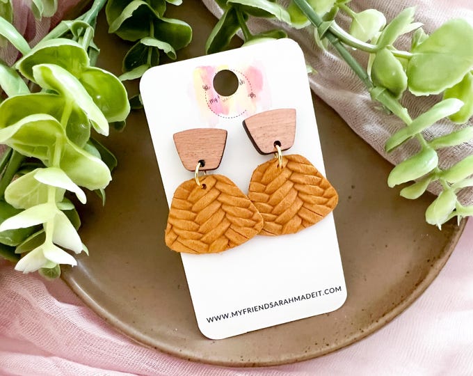 Braided Marigold Leather + Wood Earrings