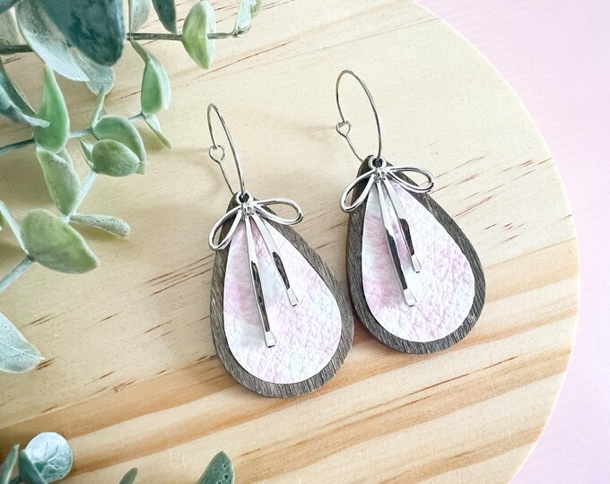 Soft Pink Gingham Bow Tear Drop Earrings