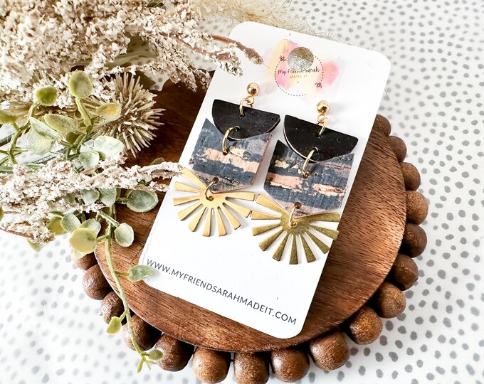 Black & Tan Striped Cork Chevron Earrings