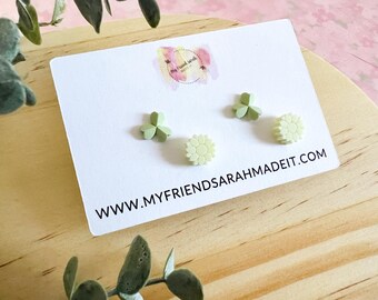 Clover & Floral Earring Set | Mini Stud Duo | Ceramic Studs | Acrylic Studs | Festive Stud Earrings | #2656