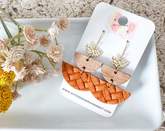 Braided Orange Leather Semi Circle Stack Earrings