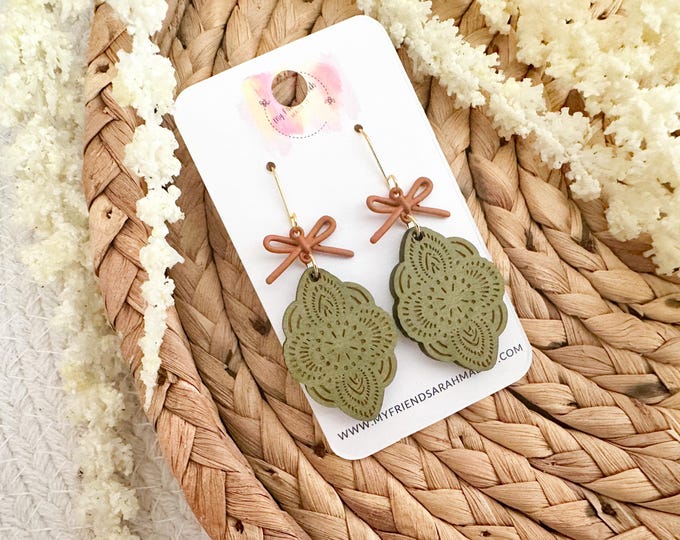 Olive Green Wood Earrings with Bow Charm