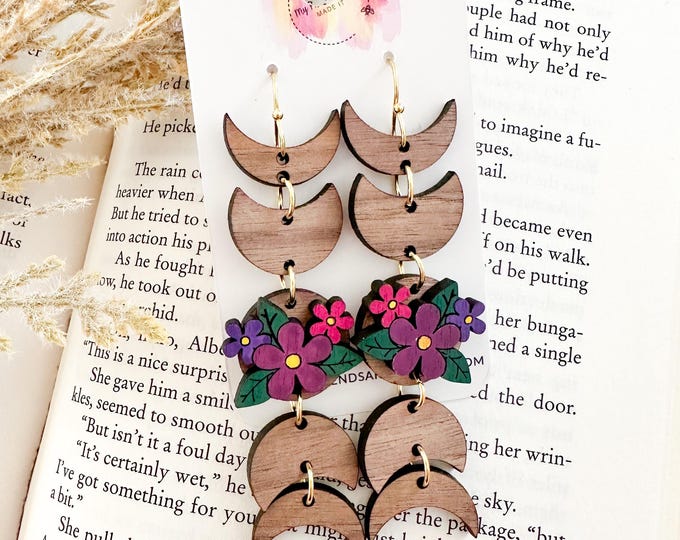 Wood Moon Phase Earrings with Hand Painted Flowers