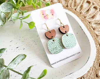 Mint Polka Dot Cork & Wood Dangles
