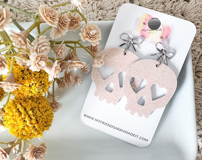 Pink Glitter Skull Earrings with Bows